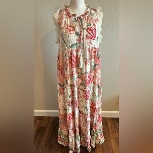 Davi & Dani Floral Boho Maxi Dress Lace Sleeve Tiered Cottagecore NWT